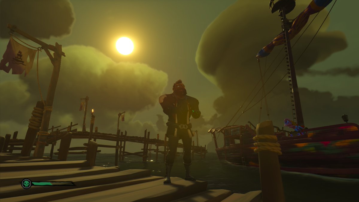 PapaJuggernaut1's tweet photo. Basking in the glow of a murky morning sun. The spray of the sea is calling me to the waves. #SeaOfThieves #DaggerTooth #SoTshot https://t.co/CfJSVuBLcK