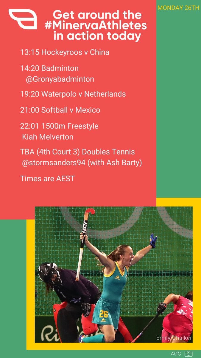 Get around our #minervaathletes in action today for the <a href="/AUSOlympicTeam/">AUS Olympic Team</a>  including <a href="/Hockeyroos/">Hockeyroos</a> <a href="/WaterpoloAus/">Water Polo Australia</a> and <a href="/SoftballOz/">Softball Australia</a>, plus <a href="/stormsanders94/">Storm Sanders</a> in the women's doubles with <a href="/ashbarty/">Ash Barty</a>, <a href="/gronyabadminton/">Gronya Somerville</a> back on the badminton court. 

#TokyoTogether #getaroundher
