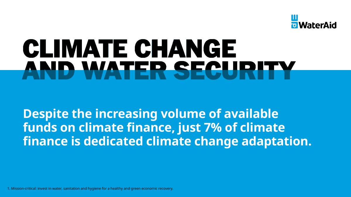 WaterAidWAfrica's tweet photo. Despite the increasing volume of available funds on climate finance, just 7% of climate finance is dedicated climate change adaptation.

Join the webinar to find out more: https://t.co/gAB895eB9V 

#WaterandClimate #Climatechange #climatecrisis #COP26 #lwili https://t.co/wnURHxCVUo
