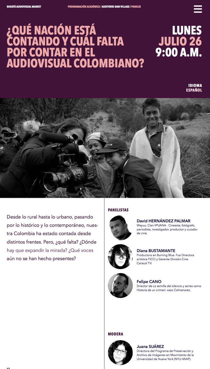 #CINEMBARGO mañana abre programación académica BAM; estaré moderando una conversación con Diana Bustamante <a href="/Burningcolombia/">Burning</a>, David Hernández, cineasta wayuu y Felipe Cano sobre límites y extensiones de las narrativas nacionales en el cine colombiano.  Lxs esperamos. #BAM #modoBAM