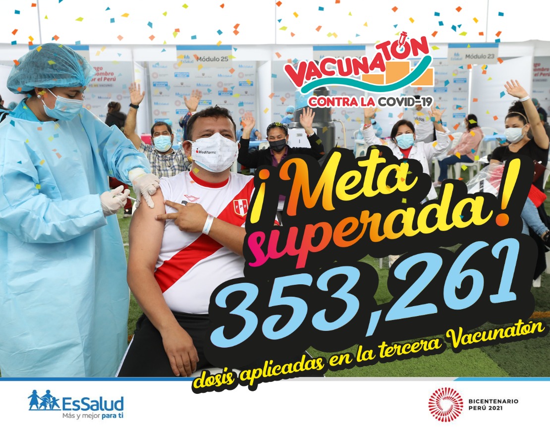 EsSaludPeru's tweet photo. #MetaSuperada la tercera #Vacunatón logró 353 mil 261 dosis de vacunas aplicadas, son una muestra del trabajo en equipo y el compromiso de todos por vencer a la COVID-19. Los vacunatorios de #EsSalud atendieron ininterrumpidamente las 36 horas de las jornadas de vacunación. https://t.co/ZEZaRN5oLH