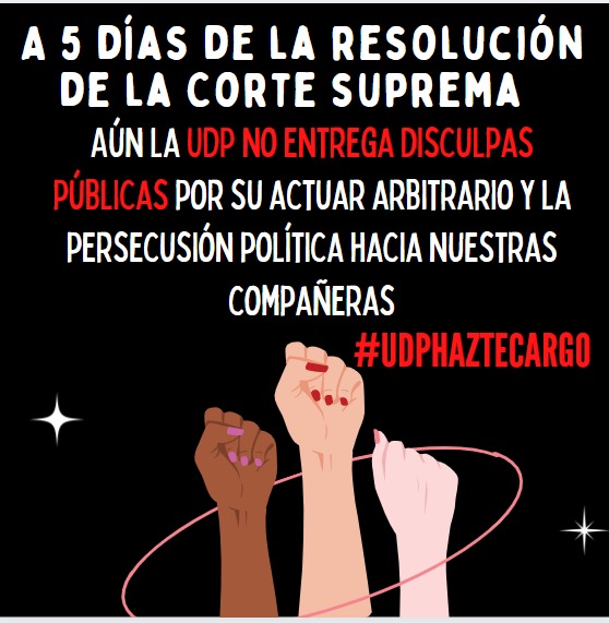 sumariadxs's tweet photo. A cinco días de emitida la resolución de la Corte Suprema a favor de sumariadas, exigimos verdad, justicia, reparación y garantías de no repetición para nuestras compañeras y la comunidad UDP #FueraPeña #UDPhaztecargo @udp_cl https://t.co/md5D0WfLhx