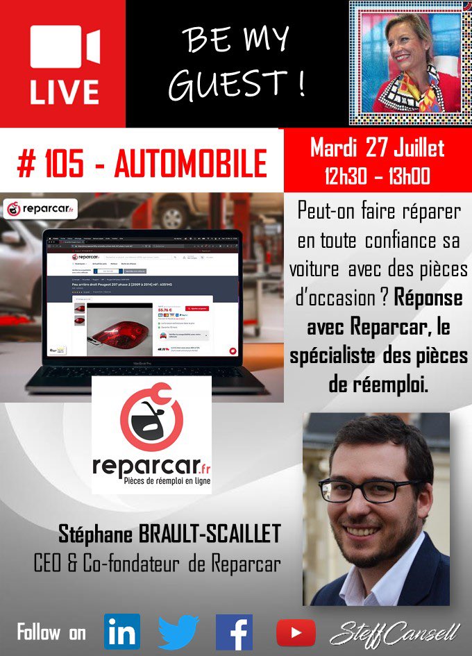 steffcansell's tweet image. Jusqu’à 80% moins chère,la pièce d’occasion #automobile est-elle une bonne idée? RV mardi 27 à 12h30 dans #BeMyGuest LIVE sur 👉Twitter @steffcansell, avec S.BRAULT-SCAILLET, CEO de @ReparcarFr, la marketplace de la pièce de réemploi @CNPA @Moove_lab #economiecirculaire #startup