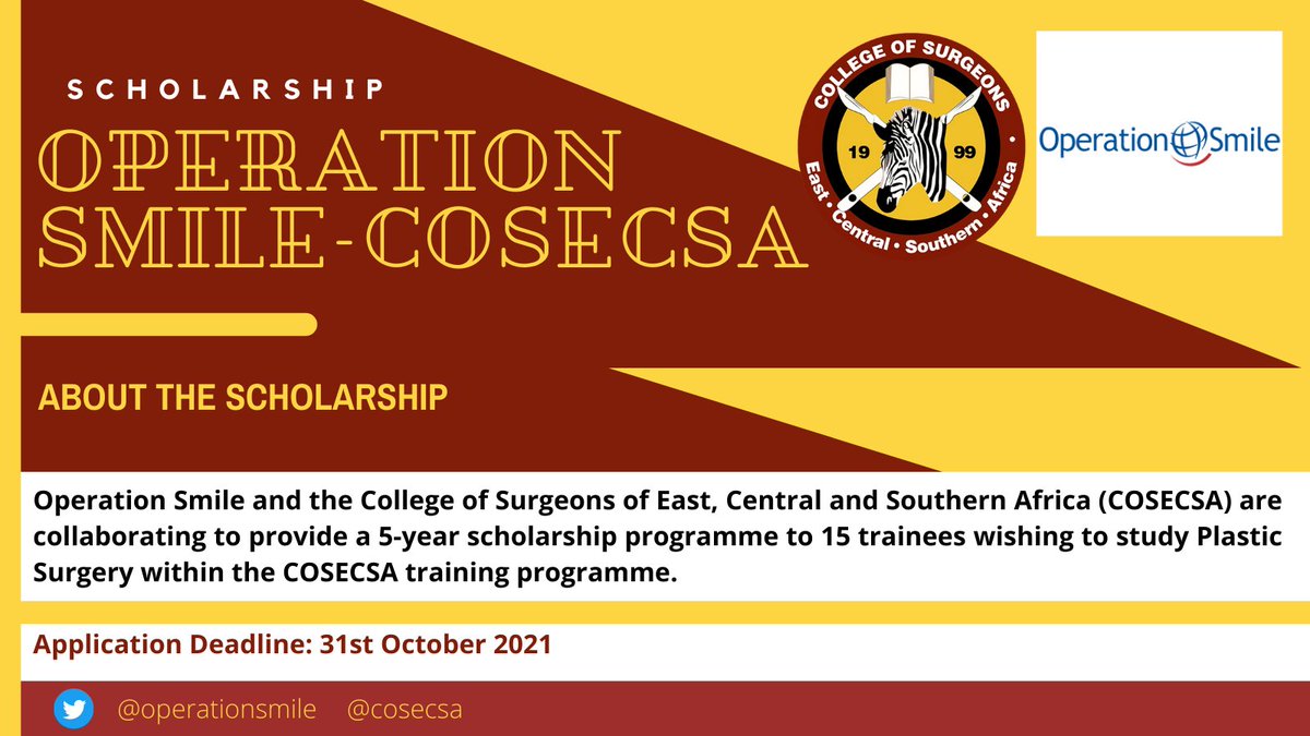 Operation Smile &amp; COSECSA are collaborating to provide a 5-year scholarship programme to 15 trainees wishing to study Plastic Surgery within the COSECSA training programme.

For more details on how to apply please click on the link below:
bit.ly/2UBe2Ow