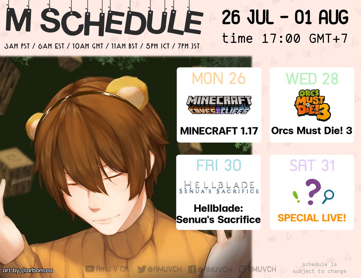AmuVCh's tweet photo. ✦ Weekly Schedule ✦
26 July - 01 August | 17:00 GMT+7

[Hashtags]
General: #AmuVCH | Live Stream: #AmuTime
Art Tag: #ARTAMU | Meme: #MMMEEE
Fan Name: #MSuki | Info/Data: #MCase

The schedule is subject to change
กำหนดการอาจมีการเปลี่ยนแปลง

#VTuber #VTuberTH #MSchedule https://t.co/VWNxARh19R