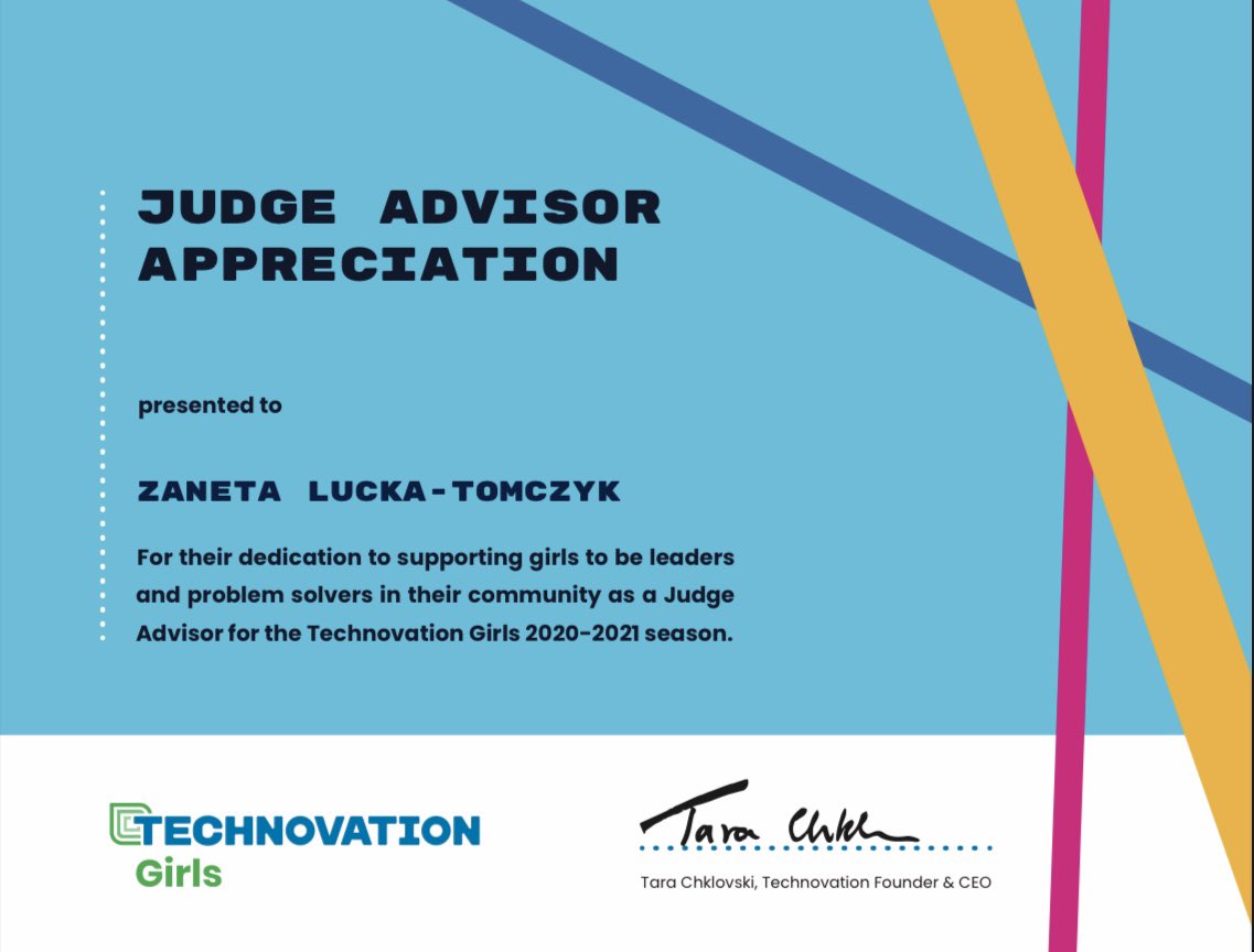 zanetalucka's tweet photo. I had a great honor to be a judge at @technovation! Congrats to all finalists and winners 🧡🎉 I’m truly inspired by all amazing ideas and looking for virtual #worldsummit2021! 

#girlsgotech #womeninai #diversity https://t.co/FeQmpvUXps