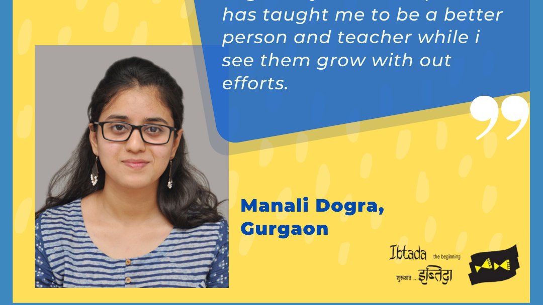AlwarIbtada's tweet photo. Meet Manali, volunteer at #Ibtada's Spoken English Online Classes. Manali is a research scholar from Gurgaon, who has been helping young girls and boys of remote Alwar to learn and practice their English. 

Learn more about #LearningBridge: https://t.co/dVvQ7yNcIo https://t.co/HAbZwzRIel