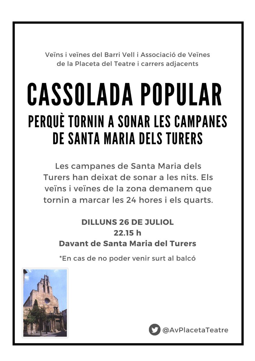 AvPlacetaTeatre's tweet photo. Ja fa alguns dies que a partir de les 22.15 h les campanes de Santa Maria dels Turers no marquen les hores. Els veïns i les veïnes del Barri Vell les trobem a faltar i volem que tornin a sonar! #Banyoles https://t.co/LeeIbrmmd7