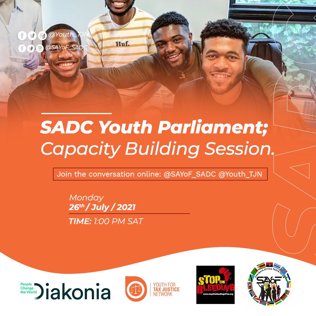 Youth_TJN's tweet photo. HAPPENING TODAY! @SAYoF_SADC @StopIFF @DiakoniaAfrica @TaxJusticeAfric #AfricaYouth #AfricaEconomicJustice #SADCYouth #StopIFF #Youth4TaxJustice #DRMProgramme #YTJN2021 https://t.co/oDmiLWHQBn