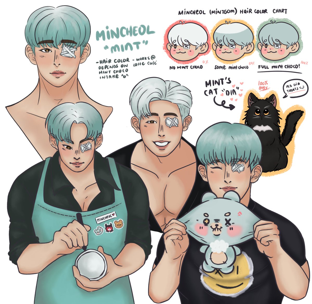 C4NNED2NA's tweet photo. hopping in the gomjinka trend ^^~
here is mincheol (mint for short) 💙 he works at latte's cafe and his hair changes depending on his mint chocolate ice cream intake :D
#gomsona #gomjinka
#OC https://t.co/rk5MDRzP6W