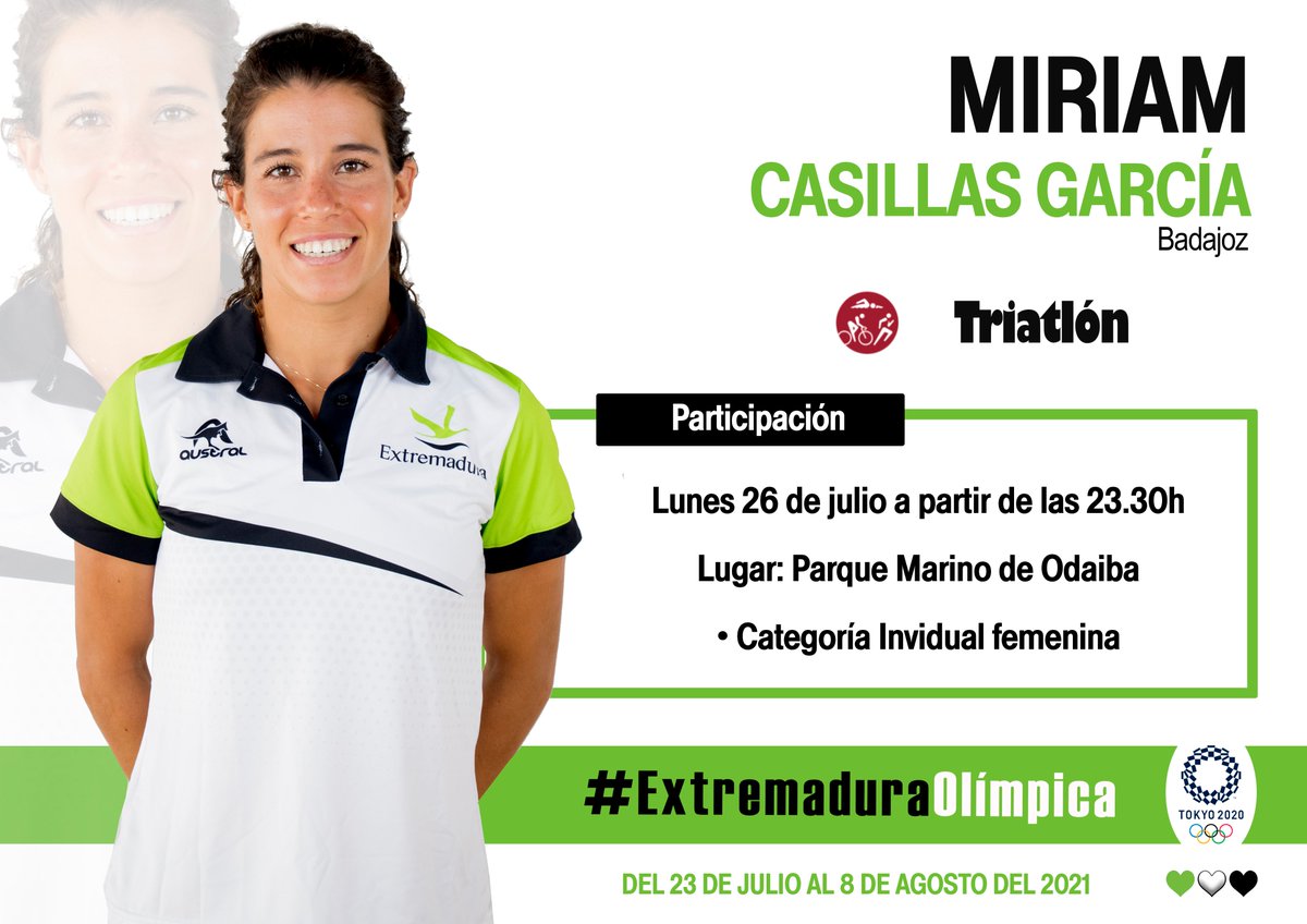 FJyD's tweet image. Primera participación del grupo de deportistas de la región. @MiriamCasillasG entra en acción en los Juegos Olímpicos de Tokio. ¡¡Mucha suerte!!🏊‍♀️🏃‍♀️🚴

Siéguela en en directo a través de @teledeporte , en su emisión por televisión o en su página web, a partir de las 23:30h 💚🤍🖤