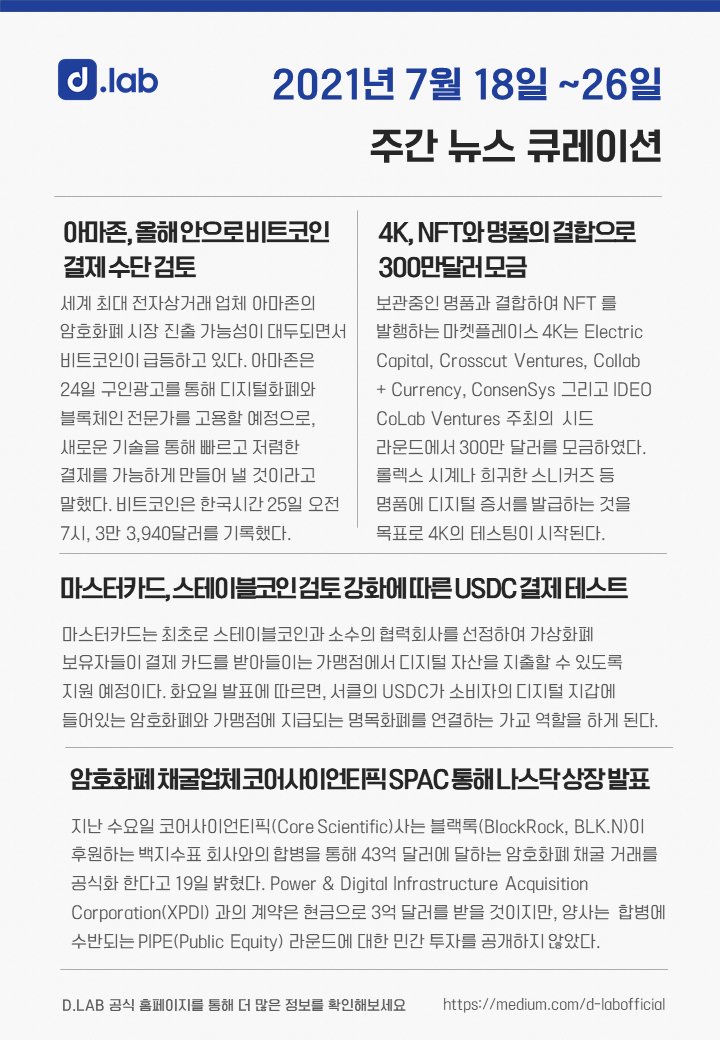 📌 7월 18일  ~ 26일 #암호화폐 뉴스 큐레이션 🙋‍♂️

 자세한 내용은 아래의 링크로 확인해주세요👇👇👇
medium.com/d-labofficial/…
#비트코인 #디파이 #nft #defi #블록체인 #cbdc #아마존 #마스터카드 #amazon #MasterCard