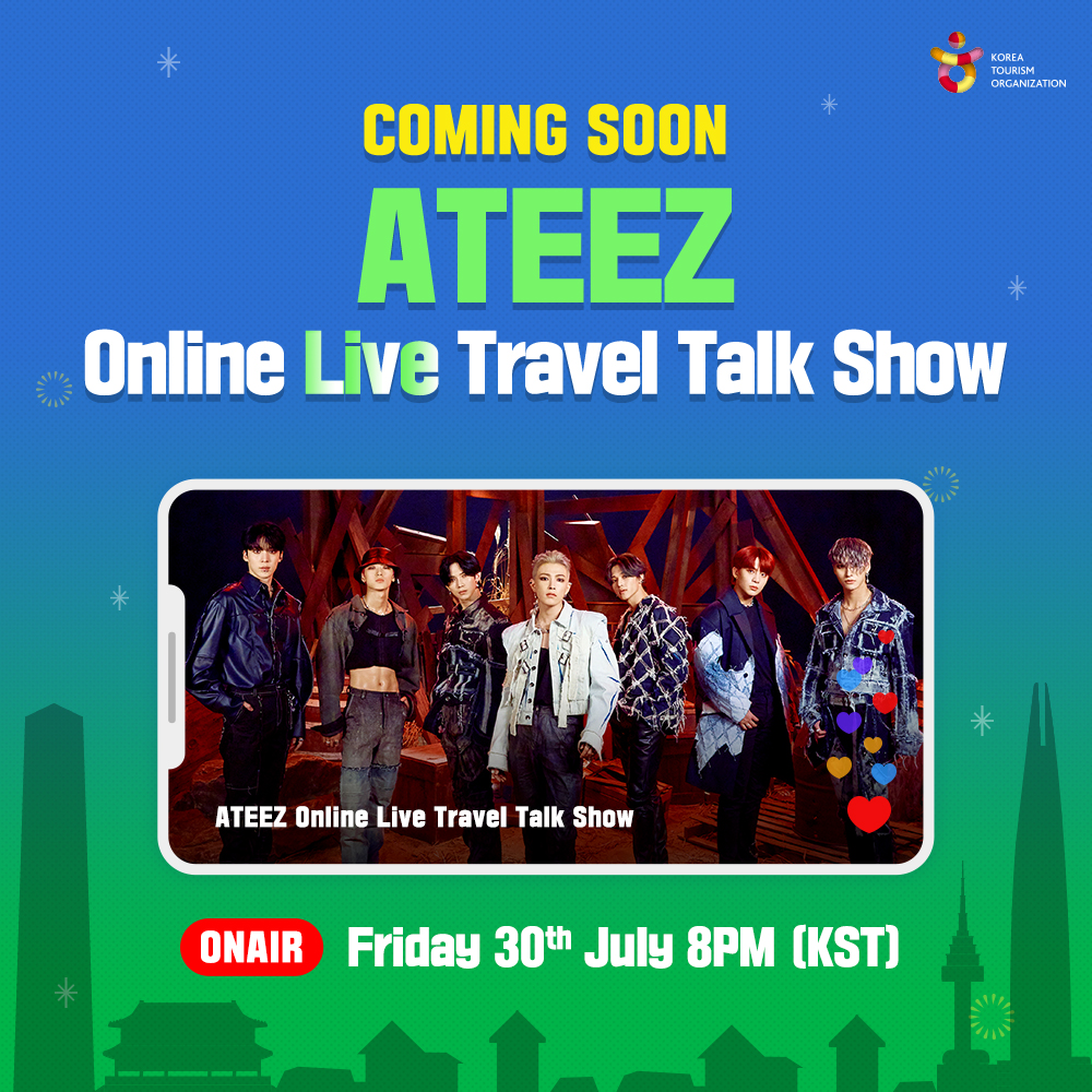 KoreanTravel's tweet photo. Attention world travelers! 📢
You can share fun stories and memories about your trip to Korea in real time with the global K-POP star #ATEEZ.
📅 Friday, July 30th at 8 PM 

There is also an event on our Facebook page!
Participate here! 👉 https://t.co/IdbIQpefuA https://t.co/KKQU8aaVfk