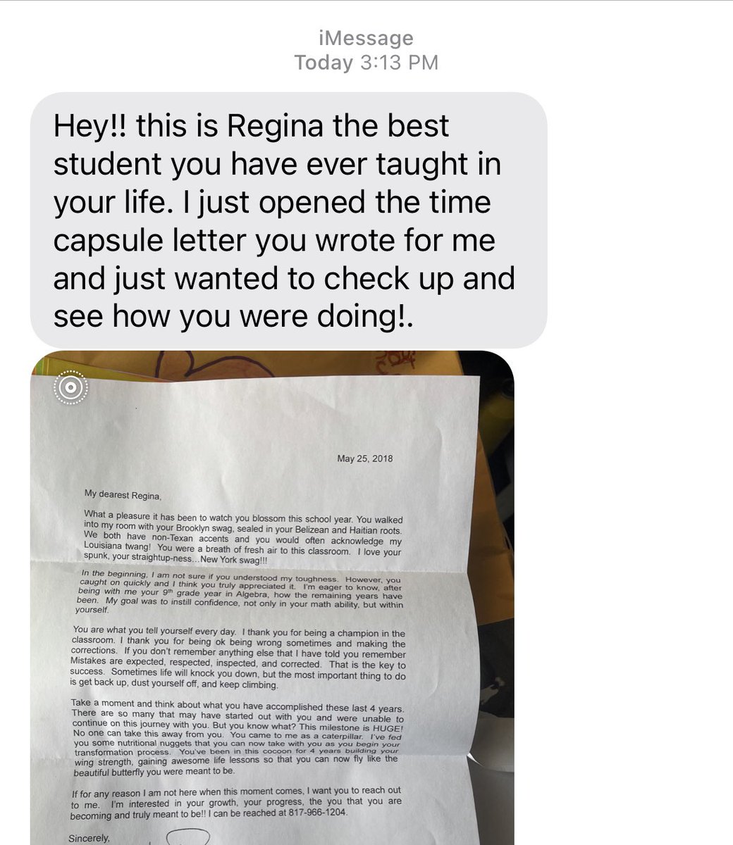 MsAlgebraDA's tweet photo. One of my former students reached out to me. I had completely forgotten about this letter and definitely the time capsule. Reading this letter blessed me in a deep way. Keep going, keep pushing and FLY BUTTERFLY π¦!! #MsAlgebra #ADoseOfDee #TeamAnthony #PurposeToFreedom https://t.co/Fdbkop2aEU