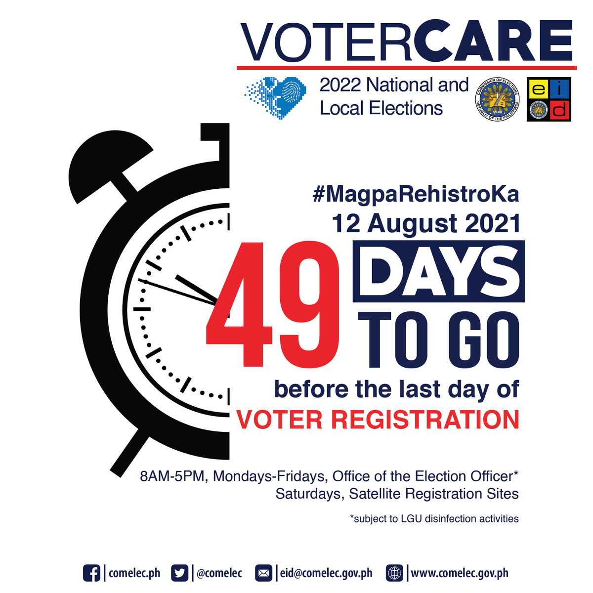 COMELEC's tweet photo. Today is 12 August 2021 and it is 49 days before the last day of voter registration! #MagpaRehistroKa na!

#VoterCare #NLE2022 #VoterReg2021Countdown https://t.co/rhUbWvKuxt