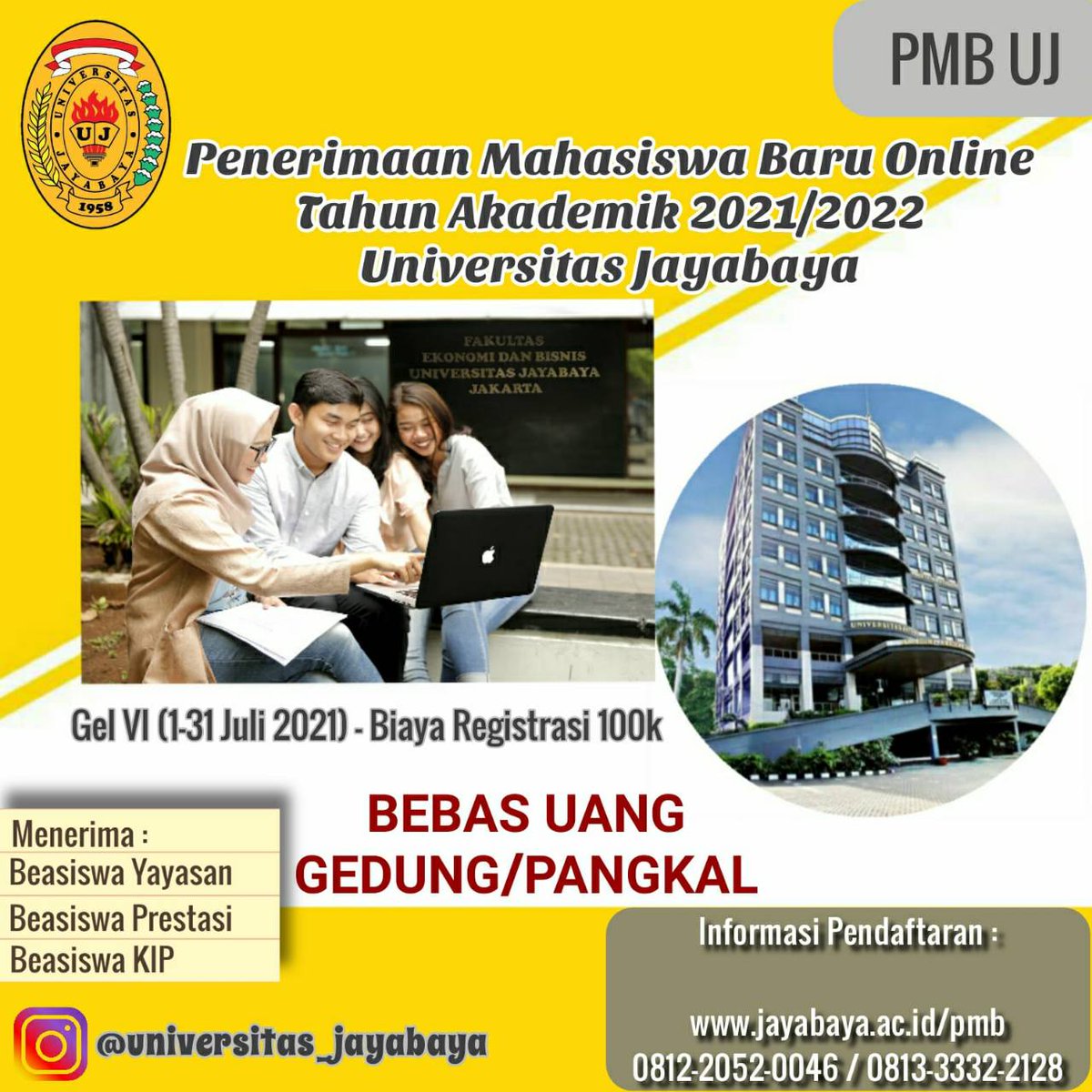 Hai, UJ buka pendaftaran Mahasiswa Baru TA 2021/2022 
Untuk kalian yang masih bingung mau kuliah dimana, UJ membuka PMB Online Gel VI dari tgl 1-31 Juli'21 😊
Bagi kalian yang ingin mendaftar/ingin info lbh detail bisa hubungin WA ke no 081220520046 / cek jayabaya.ac.id/pmb