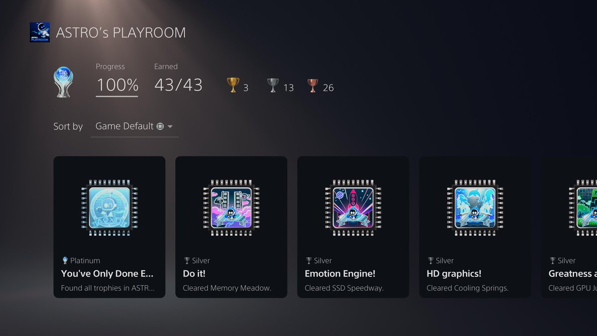 I got the platinum for Astros playroom! It's a shame I can't share proper trophy data like PlayStation 4, hope they fix that. #PS5Share https://t.co/qUs7W8ohu6