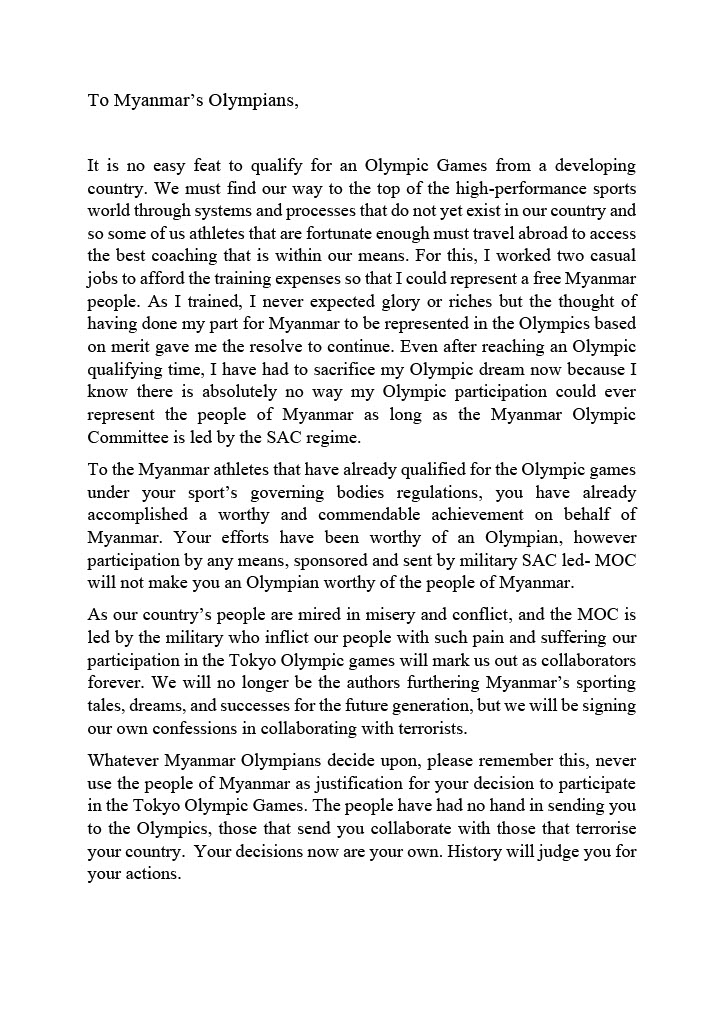 JusticeMyanmar's tweet photo. Win Htet Oo sacrifices his #Tokyo2020 dream in a stand against the junta. He calls on others to take a stand: “We'll no longer be the authors furthering #Myanmar’s sporting tales…, but we'll be signing our own confessions in collaborating with terrorists” https://t.co/suwlh5oTPQ https://t.co/hEbpINuhU9