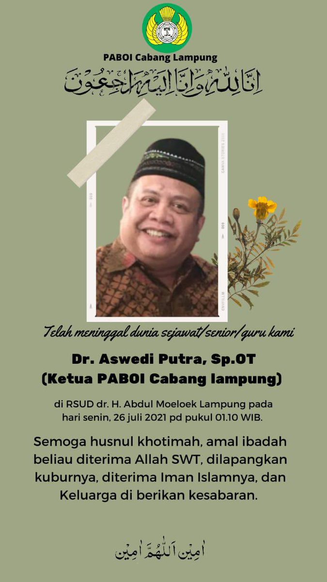 Kembali senior yg selalu hadir mendampingi perjuangan saya, syahid di medan wabah
Uda dr Aswedi Putra SpOT, smg Uda mendapat tempat mulia disisi Allah SWT
Aamiin ya Allah 

Ya Allah,wabah ini demikian menyakitkan..mohon hentikan,tiada tempat kami berbelas memohon kecuali padaMu😭