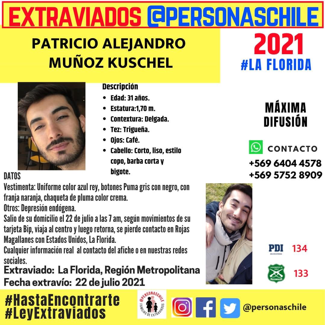 .🚨Alerta Máxima ALTO RIESGO🚨
▶️Patricio Muñoz Kuschel
▶️#LaFlorida 👉🏻#RM 
▶️alerta: Alto Riesgo
▶️Activada: provincias Santiago provincia Maipo
🚨Máxima difunson🚨🚗🚒🚑
#HastaEncontrarte #LeyExtraviados 
Vamos a todos a difundir‼️
Ayúdanos encontrarlo‼️