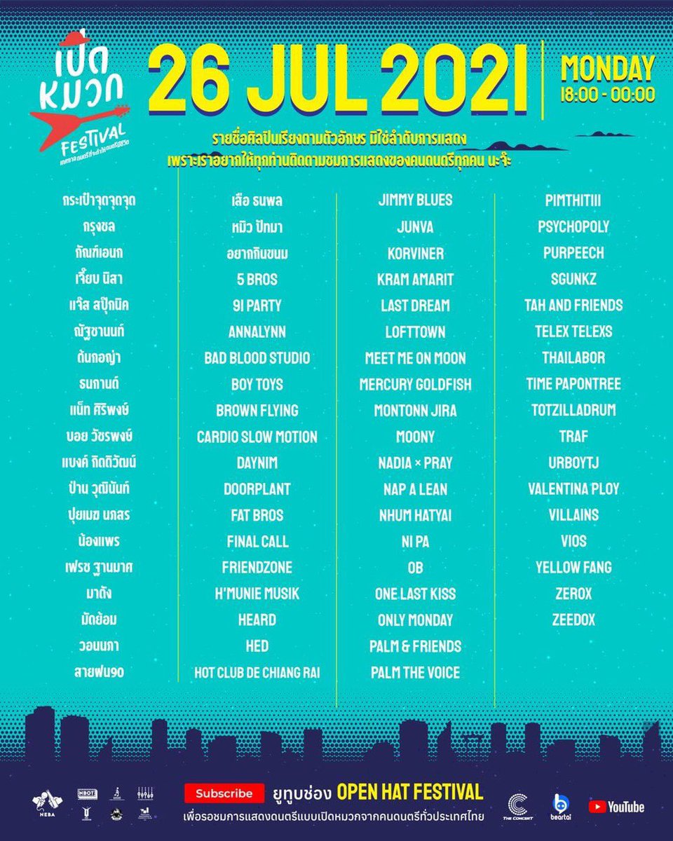OpenHatFestival's tweet photo. 🧢 รายชื่อศิลปินที่แสดงใน #เปิดหมวกเฟสติวัล Day 8 มาแล้ว 
รอดูวงที่คุณรัก และเตรียมเลิฟวงใหม่ๆ กันได้เลย ยิ่งดูจะยิ่งรู้ ว่าวงดีๆ ยังมีอีกเพียบ~ 

🎟Subscribe ยูทูปช่อง Open Hat Festival ได้ที่ https://t.co/rLa1GjkqZh
#ให้ดนตรีมีชีวิต  #LetTheMusicLive https://t.co/FW2Id3NPTR