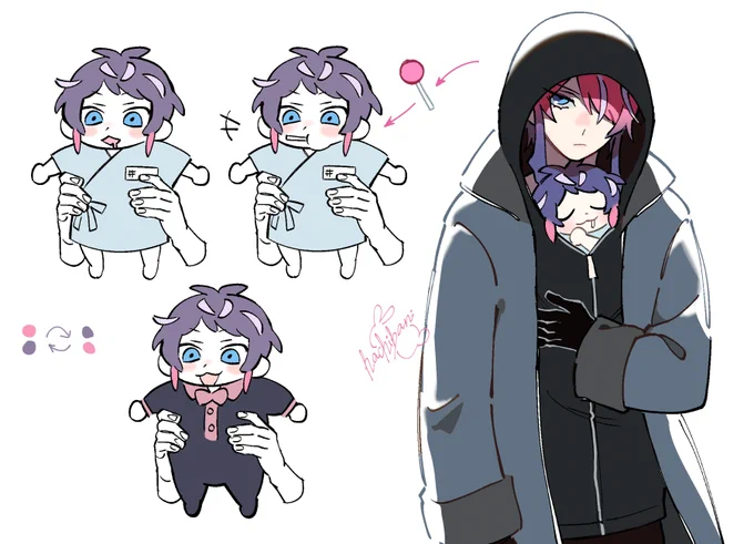 ramuda steals a defective clone AU (part 1 of ???)
i know i said i'd make it so jakurai later keeps the baby somehow but wanted to draw posse react to it too jfhdjfs it would probably be too much for them 