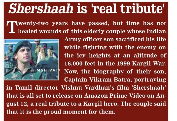 #Shershaah a real tribute to #Kargil hero : Elderly parents 

The biography of their son Captain
 #VikramBatra , portraying 
in Tamil director #VishnuVaradhan 
film that is set to release on 
#AmazonPrimeVideo
on August 12, is 'real tribute'

#SidharthMalhotra #KiaraAdvani