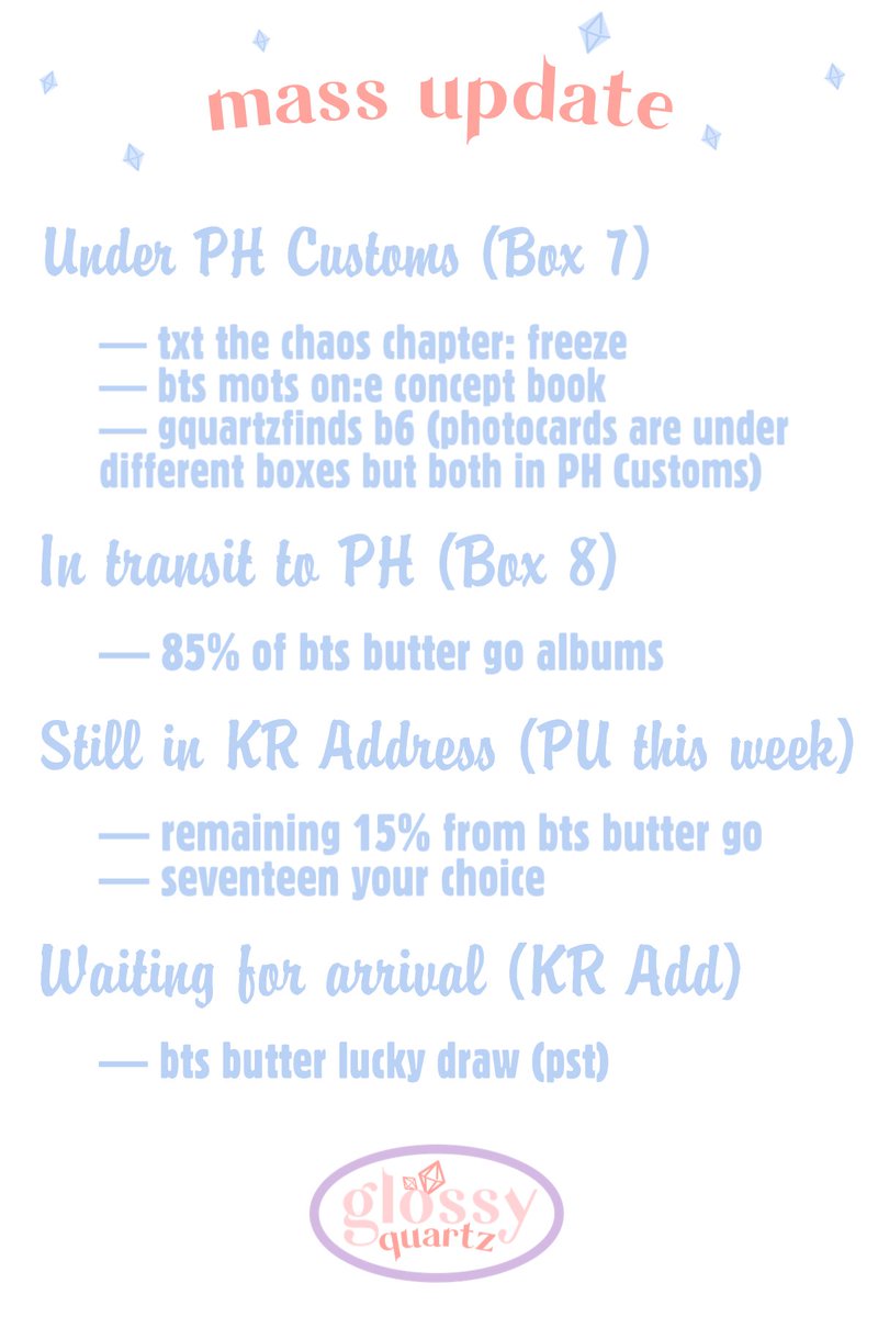 glossyquartz's tweet photo. οΏ½οΏ½οΏ½ #gquartzupdates κ±
MASS UPDATE AS OF 07/26/2021
κ for items under box 7, kindly check your inboxes in your email within today. thank u! β‘οΈ
κ remaining bts butter + svt your choice (box 9) will be picked up this week palang bc di na daw kasya sa truck last week ~
(1/3) https://t.co/vC7TUdfKYc