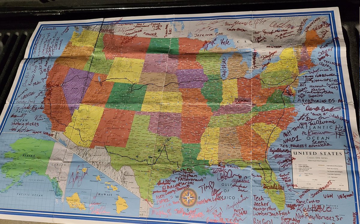 ShaunBolen's tweet photo. Over 150 names of everyone we met on the way.
7,500 miles and 21 days of travel across the US.
All streamed on @Twitch.
So grateful to you all - g1s, Best Friends, Geese, RT fans and everyone who made #subdrive a lifelong memory for us all. https://t.co/Tsbsuy9fQb