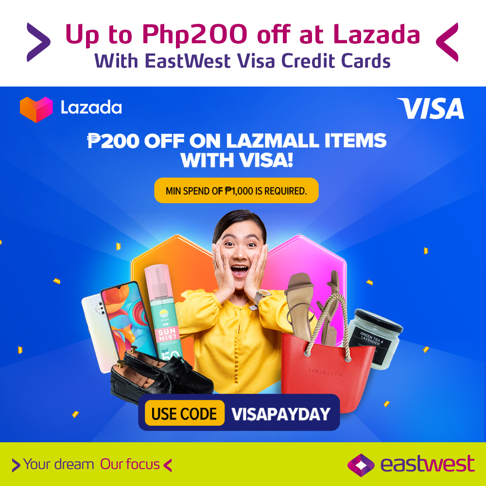 eastwestbanker's tweet photo. Shop at your favorite local stores at Lazada on July 28-30 & save up to Php200 for a min. spend of Php1,000 when you checkout w/ your EastWest Visa credit card using code VISAPAYDAY. T&Cs apply. DTI-122899S21. https://t.co/yrmbcTUjXH #LifeIsBetterCashless https://t.co/ApFmDekkAL