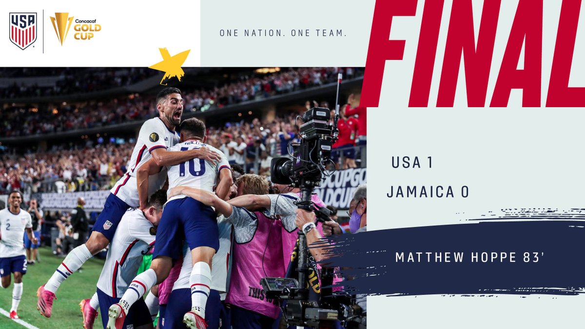 USMNT's tweet image. FULL TIME! @MatthewHoppe9's first international goal pushes the #USMNT into the #GoldCup21 Semifinals! 🇺🇸

#USAvJAM