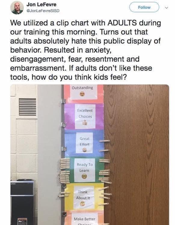 Behaviour management systems should not shame children for their behaviour, but support them to make positive choices to improve their social relationships and capacity to learn and engage. What is the long term impact on the child who is always down the bottom of the chart? 🤔