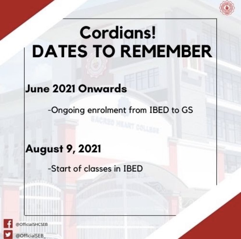 OfficialSEB_'s tweet photo. As the start of a new school year draws near, here are some dates to remember on your enrollment and start of classes!❤️

DATES TO REMEMBER:
June 21 onwards- Ongoing enrollment from IBED to GS
August 9,2021- Start of classes in IBED https://t.co/G2odhfC4P8