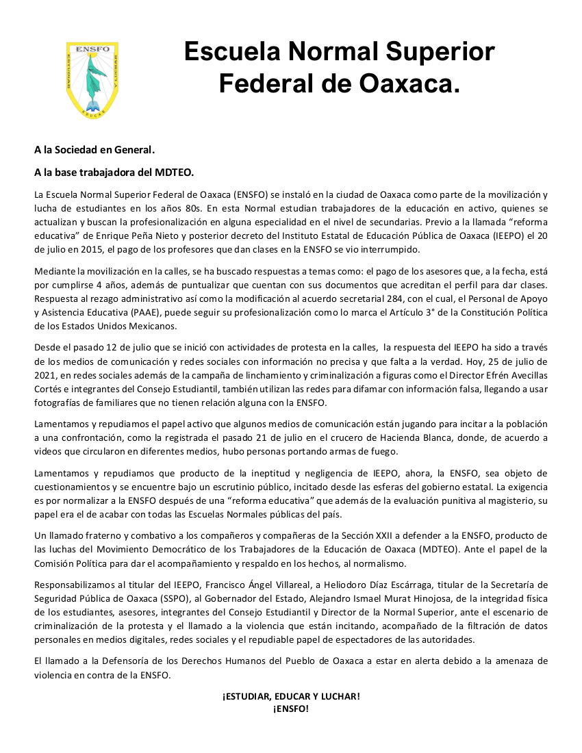 Posición de la #ENSFO ante la criminalización de la protesta y campaña de desprestigio. #Oaxaca <a href="/Carloscuecer/">CaCueCer</a> <a href="/Heliodoro_hcde/">Heliodoro Carlos Díaz E.</a> <a href="/DefensorOax/">DefensorOax</a> <a href="/GN_MEXICO_/">Guardia Nacional</a> <a href="/ImparcialOaxaca/">El Imparcial de Oaxaca</a> <a href="/ivanpress/">Iván Castellanos</a> <a href="/MVMNoticias/">MVM Noticias</a> <a href="/jesuslopezsan/">COLUMNAINFORMATIVA</a> <a href="/AciertaOaxaca/">Acierta Oaxaca</a> <a href="/MLS_censura/">Medio Libre sin Cens</a> <a href="/Parola89/">PEDRO PAROLA</a> <a href="/CentroNoticiasO/">Centro Noticias Oaxaca</a> <a href="/rioax74/">𝗥𝗘𝗗 𝗜𝗻𝗳𝗼𝗿𝗺𝗮𝘁𝗶𝘃𝗮 𝗢𝗮𝘅𝗮𝗰𝗮</a>