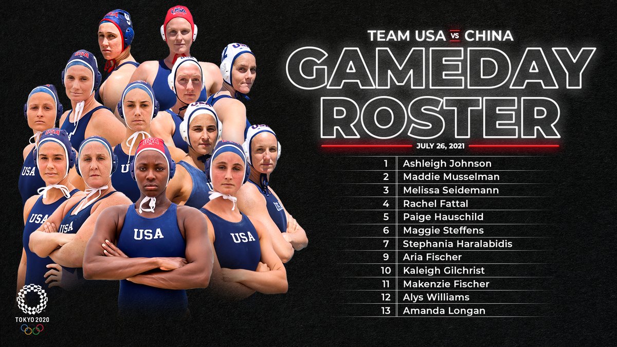 USAWP's tweet photo. Here's our 12 for today against China!

#waterpolo #OlympicGames

Action starts in about 45 minutes - watch LIVE on USA Network or stream on the NBC Sports app. https://t.co/lpeHgsxkHZ
