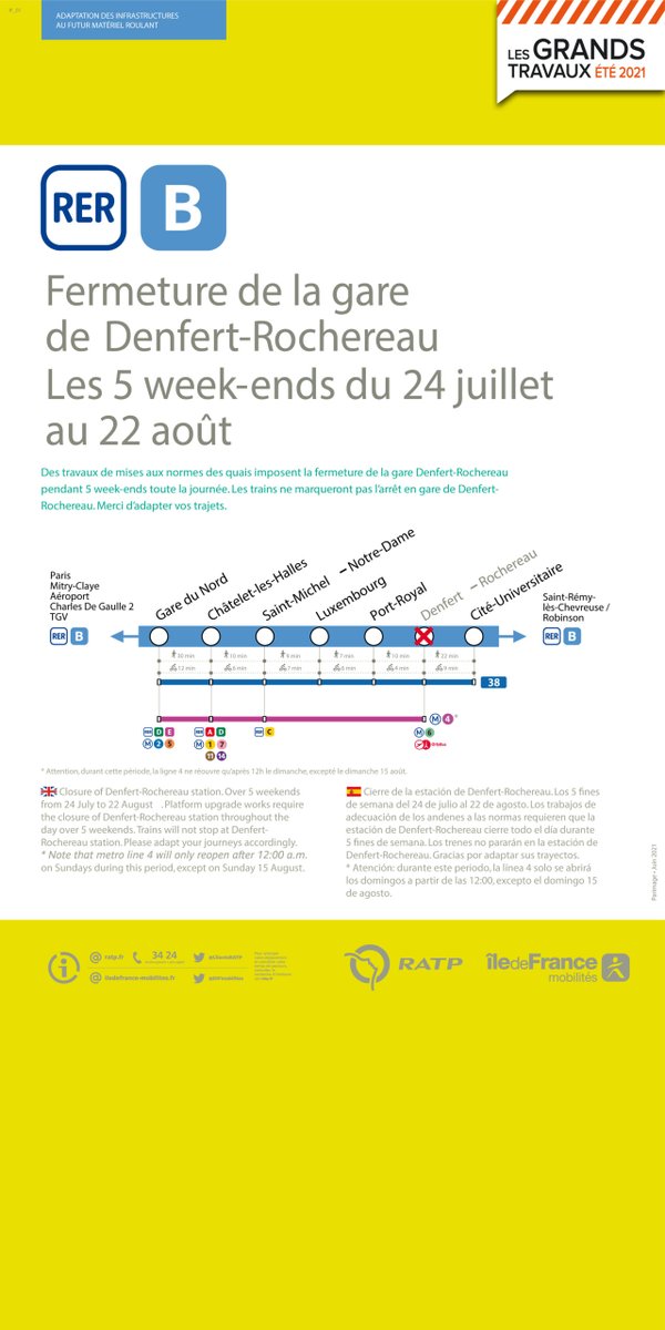RERB's tweet image. ▶️Ce week-end du 31 juillet, la gare de Denfert-Rochereau sera de nouveau fermée en raison des travaux de mise aux normes des quais. Toutes les informations sur rerb-leblog.fr #RERB