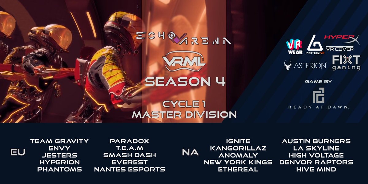 This new season is starting off with a💥🔥The Cycle 1 Master Division is set for EU and NA! GG to all participants! 

Stay tuned for match generation in about 12 hours. Make sure your team is set to active!!🤖⌛️
🌐vrml.gg/echoarena
🗣️discord.gg/KjgNmtncsP