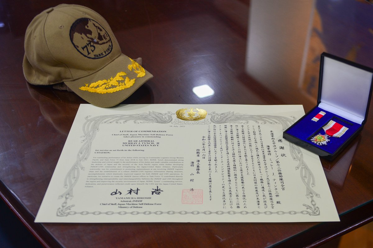 USPacificFleet's tweet photo. Japan Maritime Self-Defense Force recognizes @COMLOG_WESTPAC Rear Adm. Joey Tynch's commitment to working together with Japan Defense Cooperation Award: https://t.co/vc8zlVEOYs #NavyPartnerships #CTF73 https://t.co/GPoeoflICc