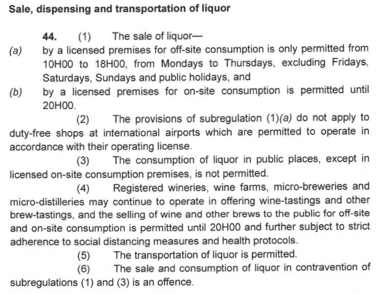 Glad to see exemption that allow registered wineries &amp; winefarms to continue to offer winetastings and the sale of wine to the public, for off- and on site consumption until 20h00.  Friday and weekend trade thus allowed🍷 #liftban #savelivelihoods #traderesponsible <a href="/Vinpro_za/">Vinpro</a>👇🏼