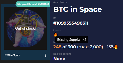 WindysCavern's tweet photo. I've bought back all the cheap "BTC in Space" available in the market and delisted it from all of my drops

Minting of "BTC in Space" officially ended.
Although it have a 2000 "max supply", but the actual max supply is 300.

158 "BTC in Space" BURNT
Only 142 will ever exist. https://t.co/ytxMspyT0w