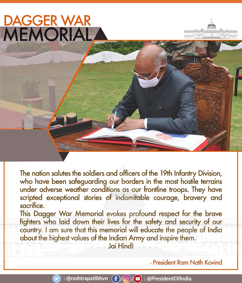 In a message at the Dagger War Memorial at Baramulla, President Kovind paid tributes to the soldiers who laid down their lives defending the nation with indomitable courage and valour.