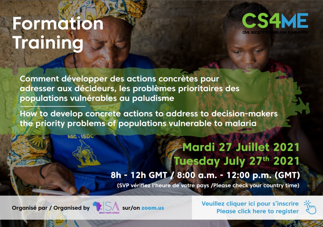 ImpSanteAfrique's tweet photo. ⚠️ Huge opportunity ! 
@ImpSanteAfrique invites you tomorrow, July 27, 2021, from 8am to 12pm (GMT) to a training on "How to develop concrete actions to address priority issues of populations vulnerable to malaria to policy makers". Register now 🔗https://t.co/bqIqMgGrQM https://t.co/ljpaSjUkCn