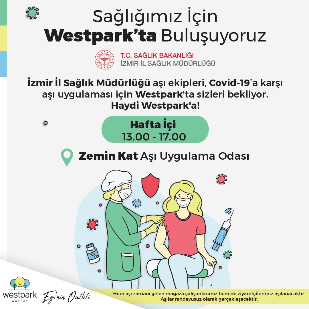 Aşınızı randevu almadan kolayca yaptırmak için 13.00-17.00 saatleri arasında zemin katta bulunan aşı uygulama noktasını ziyaret edebilirsiniz.

🕘13.00 - 17.00 (hafta içi)
📍 Zemin kat aşı uygulama odası
✅ Aşı hizmeti randevusuz olarak gerçekleştirilecektir.