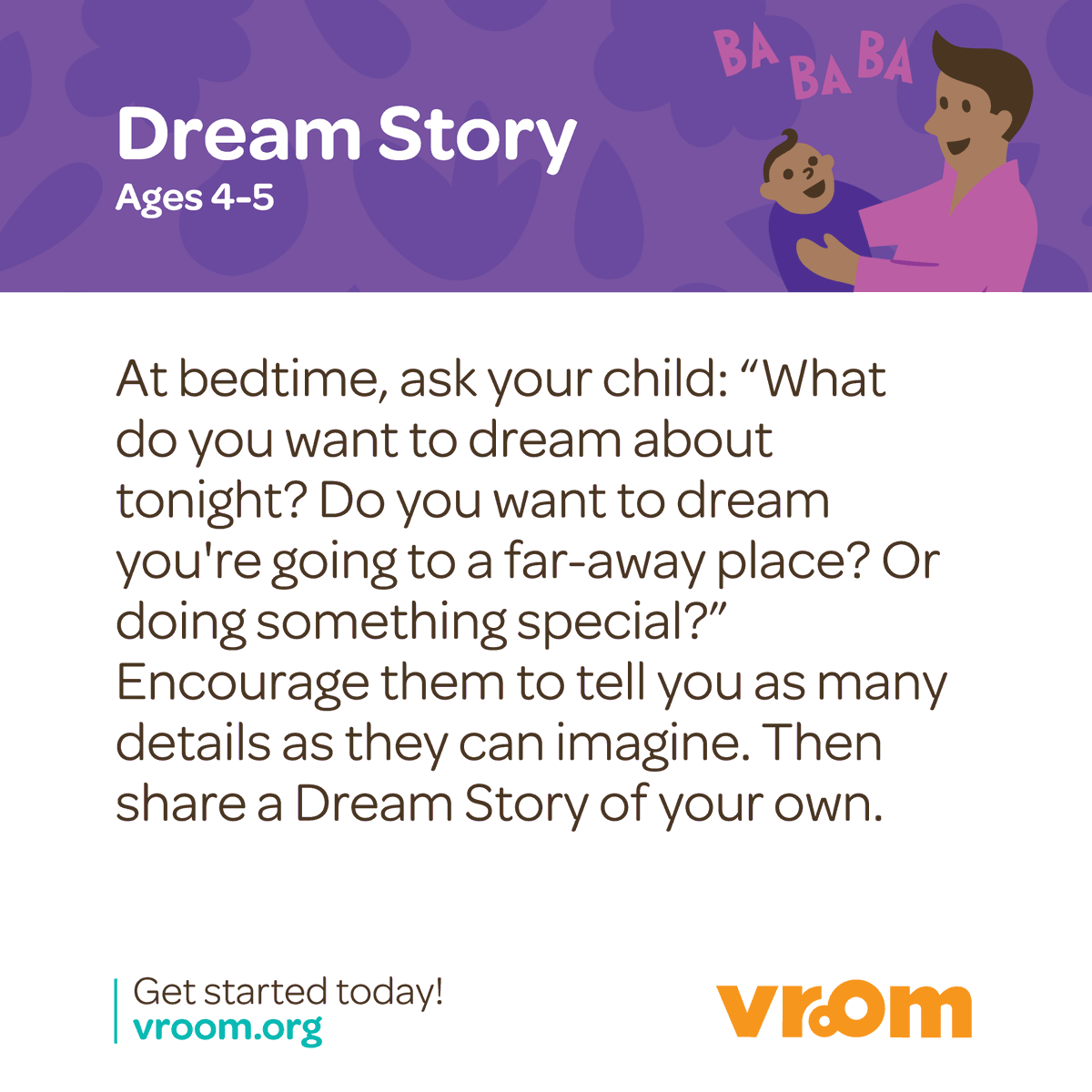 joinvroom's tweet photo. This #VroomTip is a wonderful way to connect at the end of the day & is a fun addition to a #bedtime routine. Spark your LO's imagination by asking them what they want to dream about that night. Then take a turn to share your own Dream Story. Here's the #BrainyBackground ⬇️ https://t.co/nM4bYLRlAY