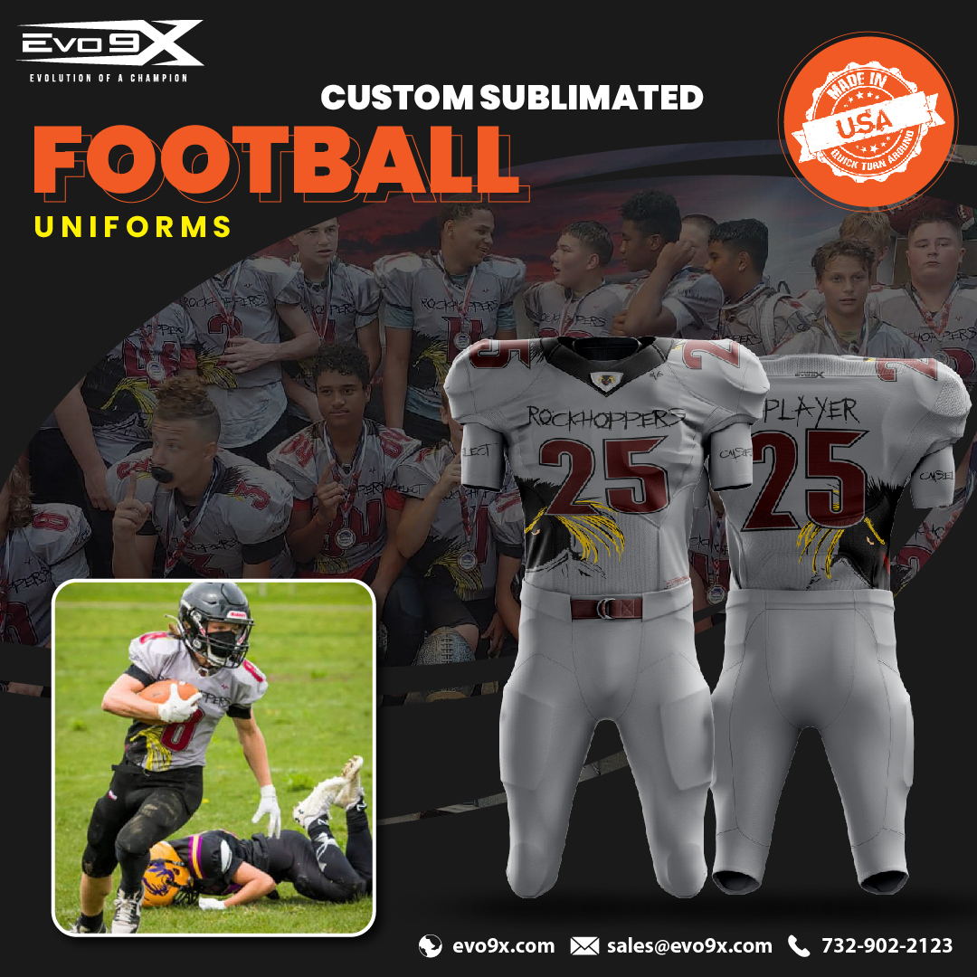 Custom Sublimated Football Uniforms - Exclusive designs & prints - 100% Customizable with sublimated prints, logos, mascots, etc. - Moisture-wicking & Comfortable - Available in all sizes Order Now >> hubs.ly/H0T2hBq0 #Evo9x #SublimatedFootballUniforms #Sports #USA