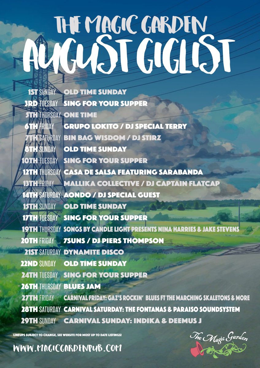 The Magic Garden Pub (@magic_pub) on Twitter photo This August, join us at the Magic Garden for some of the best live acts and DJs the U.K has to offer!
With over 22 events, including a very special three-day Carnival weekend extravaganza, there is surely something for everyone.
Only at <a href="/themagicgarden/">Anna Brookman</a>. This August, join us at the Magic Garden for some of the best live acts and DJs the U.K has to offer!
With over 22 events, including a very special three-day Carnival weekend extravaganza, there is surely something for everyone.
Only at <a href="/themagicgarden/">Anna Brookman</a>.