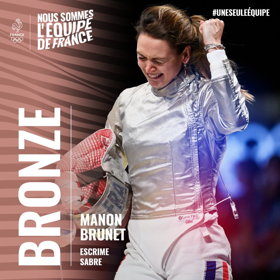 EquipeFRA's tweet photo. 🇫🇷 MAGISTRALE ! 
Le bronze pour Manon Brunet en sabre 🥉

#AllezLesBleus #Tokyo2020 https://t.co/wrXV7iKbPQ