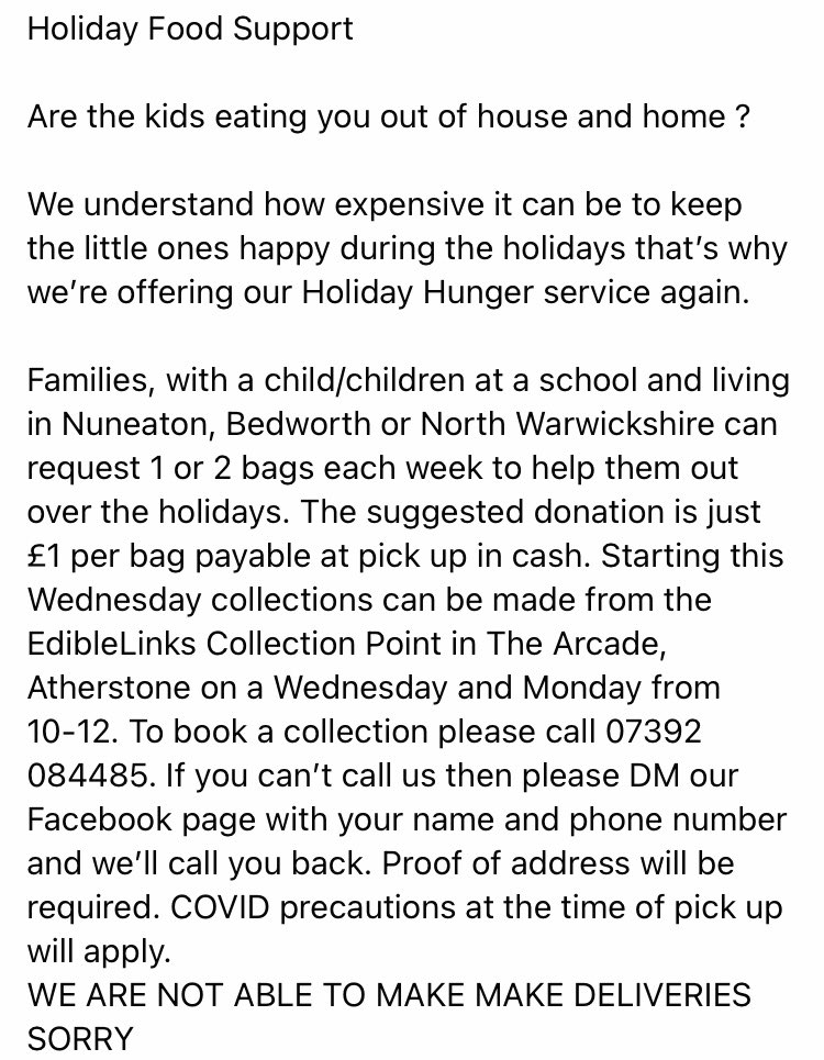 Kids eating you out of house and home ? We can help…
#HolidayHunger
#Nuneaton
#Bedworth
#Bulkington
#Coleshill
#Polesworth
#Atherstone
#Mancetter
#Grendon
#BaddesleyEnsor