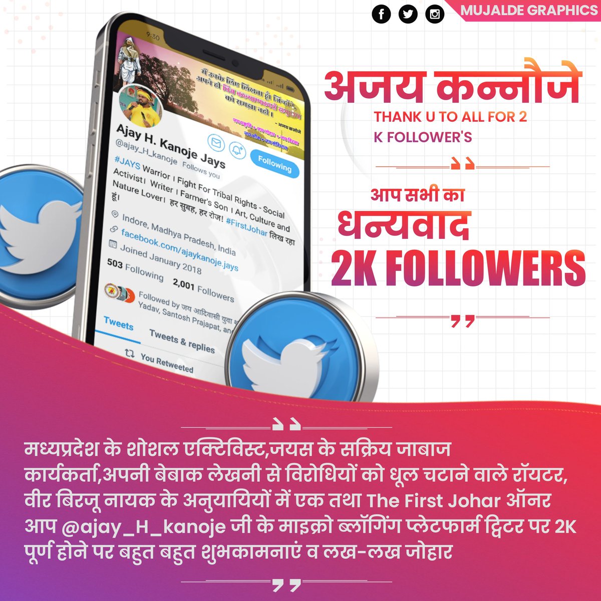 MP के शोशल एक्टिविस्ट, जयस के सक्रिय जाबाज कार्यकर्ता, अपनी बेबाक लेखनी से विरोधियों को धूल चटाने वाले रॉयटर, वीर बिरजू नायक के अनुयायियों में एक तथा The First Johar यूट्यूब चैनल के ऑनर आप <a href="/ajay_H_kanoje/">Ajay Kanoje Adivasi</a> जी के ट्विटर पर 2K फालोवर्स पूर्ण होने पर बहुत बहुत शुभकामनाएं व लख-लख जोहार