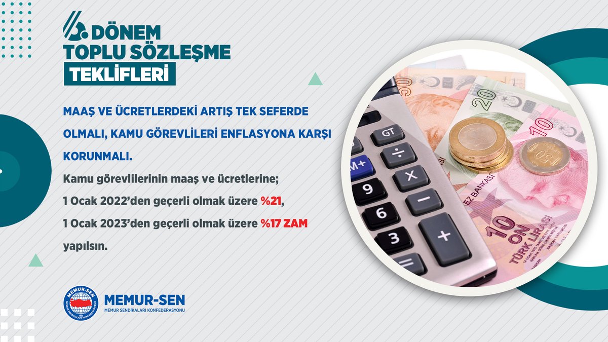 MAAŞ VE ÜCRETLERDEKİ ARTIŞ TEK SEFERDE OLMALI, KAMU GÖREVLİLERİ ENFLASYONA KARŞI KORUNMALI. 

Kamu görevlilerinin maaş ve ücretlerine; 
1 Ocak 2022’den geçerli olmak üzere %21, 
1 Ocak 2023’den geçerli olmak üzere %17 ZAM yapılsın.

<a href="/_aliyalcin_/">Ali YALÇIN</a>  
#MemurunTeklifi